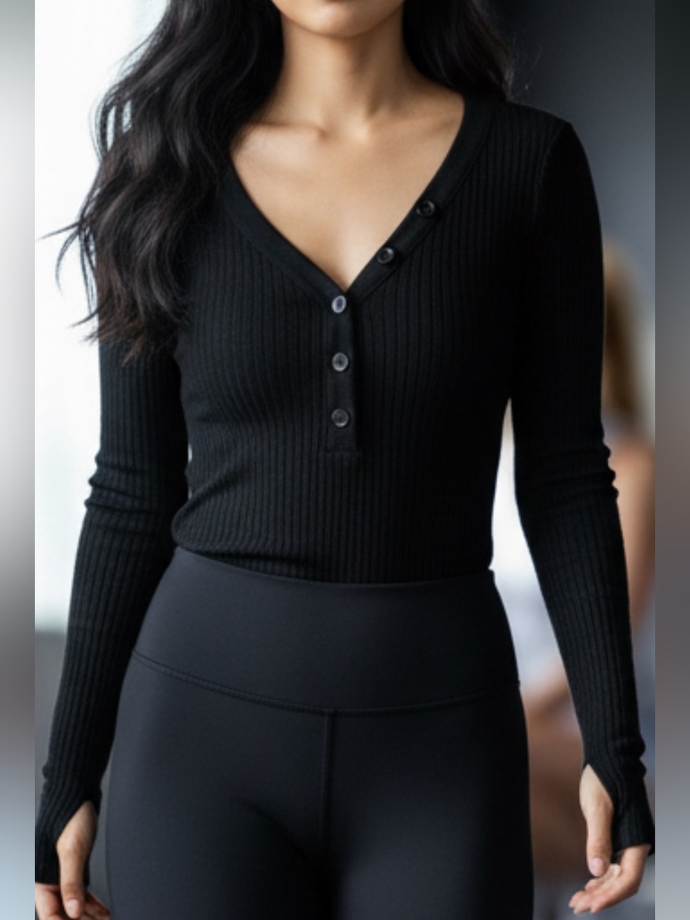 David Lerner Black Ribbed Long Sleeve Top size M